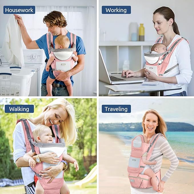 Baby Carrier with Hip Seat, Ergonomic M Position 6in1 Baby Carrier Newborn to Toddler,Head Support and Breathable Mesh Newborn Carrier,Adjustable Baby Holder Carrier for Dad&Mom-Pink-CubbioJoy
