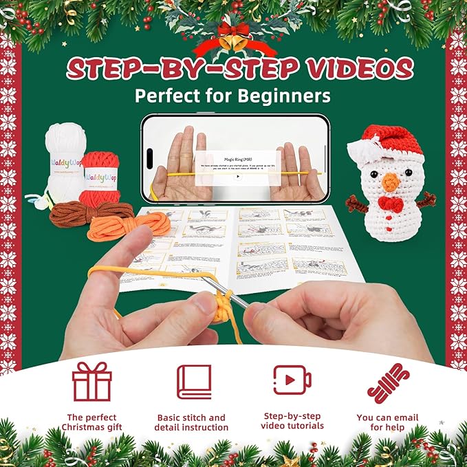 Christmas Snowman Crochet Kit for Beginners, Crochet Starter Kit for Kids Adults, Learn to Crochet w/Step-by-Step Video Tutorials, Pre-Started Yarn, Hook, DIY Amigurumi Craft Gifts for Christmas Décor-CubbioJoy