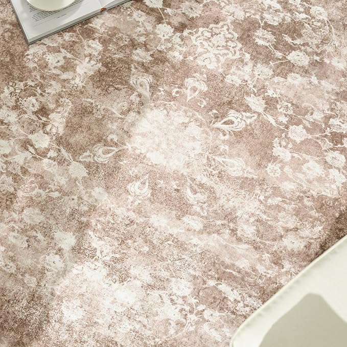 jinchan Round Rug 5ft Area Rug - Brown Vintage Floor Mat Kitchen Indoor - Washable Circle 5' Thin Floral Print Carpet Retro Farmhouse Non Slip Dining Room Living Room Bedroom Office-CubbioJoy