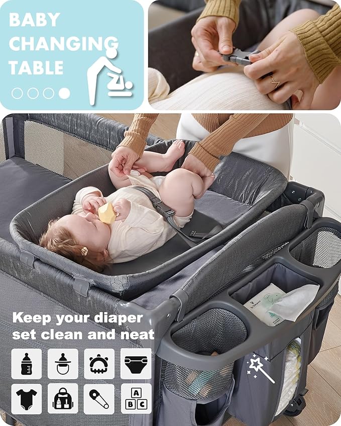 AirClub 4 in 1 Baby Bassinet Bedside Sleeper, 4 Functions Crib, Playard, Portable Changing Table, Bassinet for Newborn Baby, Bedsaide Bed w/Wheels&Brakes-CubbioJoy