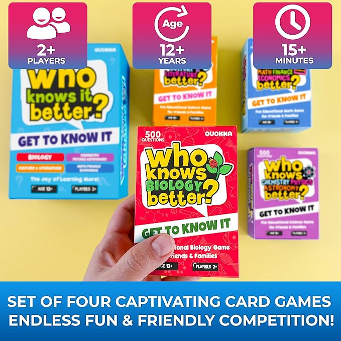Board Games for Kids 8-12 and Family - Set of 4 Who Knows It Better? - 2000+ Questions Across Biology, Culture, STEM and Math - Educational Trivia Cards for Learning and Game Night-CubbioJoy