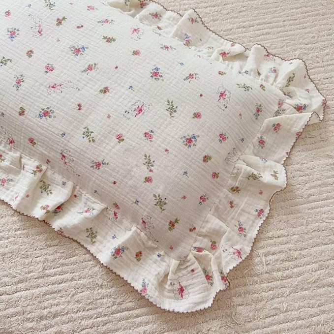 BuLuTu 100% Cotton Standard Pillow Case for Kids, 1 pc, 20"x26", Pink Floral Sheep Design Pillow Cover Muslin Gauze Pillow Protector for Children Girls Boys Bedding Gift, Envelope Closure-CubbioJoy