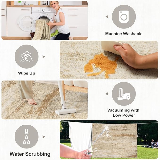 6x9 Area Rugs for Living Room - Washable Rug Modern Abstract Soft Large Neutral Non-Slip Carpet Indoor Floor Stain Resistant Thin Carpets for Bedroom Dining Room Farmhouse Nursery Home Office Beige-CubbioJoy