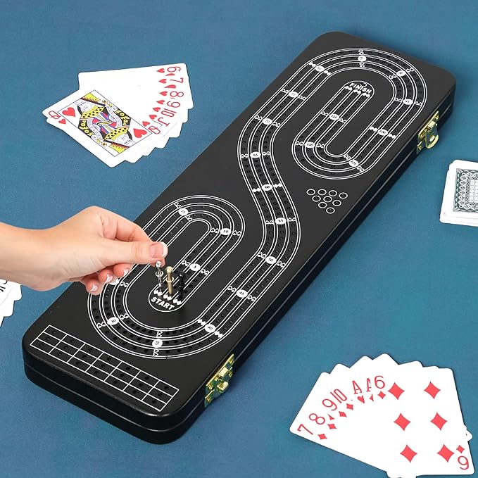Cribbage Board Game Set 3 Tracks, 2 Storage Area, with 9 Metal Pegs,2 Decks of Playing Cards and Instruction, Wooden Travel Portable Cribbage Game Sets-CubbioJoy