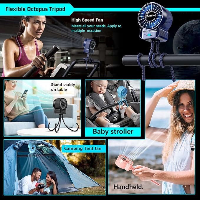 2 Pack Multifunctional Portable Stroller Fan 4 Speed 6600rpm High Speed Usb Rechargeable Personal Mini Handheld Fan Extended Tripod For Desktop Winding Kids Bed Treadmill Bike Golf Cart Outdoor Travel-CubbioJoy