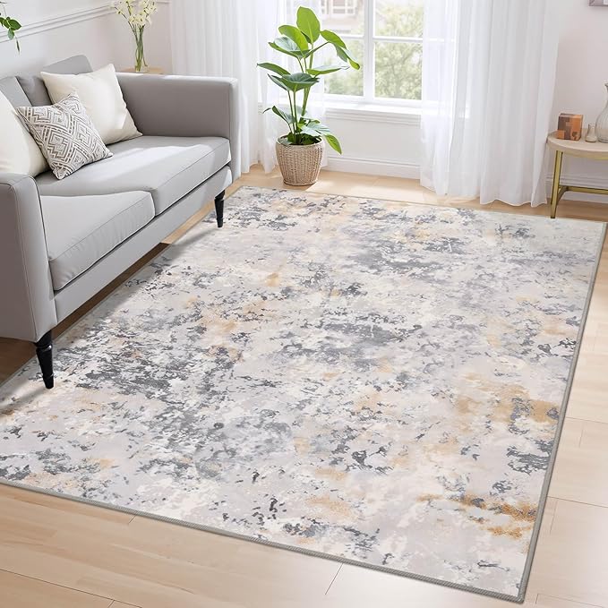Area Rug 4x6 Washable Grey Rug for Bedroom, Abstract Modern Living Room Rugs Non Slip Low Pile, Carpet for Kitchen, Nursery, Kids Room, Office-CubbioJoy