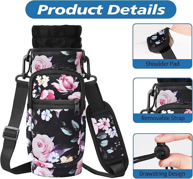 32 40 oz Water Bottle Carrier with Strap, Neoprene Water Bottle Sleeve Bag with 2 Pockets Insulated Flask Sling Holder for Walking Hiking Gym-CubbioJoy