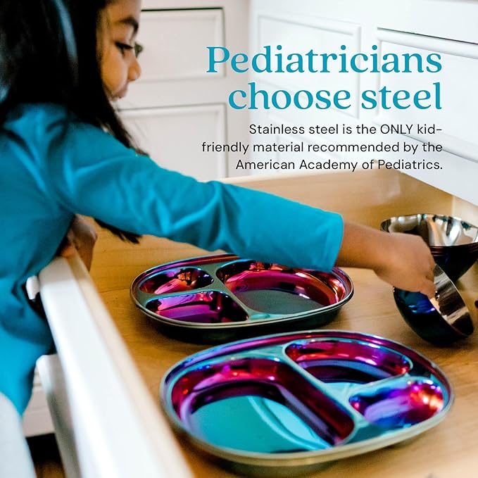 Ahimsa Stainless Steel Kids Plates - Divided Toddler Plates, Pediatrician Designed, Non Toxic Toddler Plate, BPA Free & Dishwasher Safe (Blue Single)-CubbioJoy