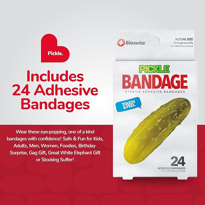 BioSwiss Bandages, Pickle Shaped Self Adhesive Bandage, Latex Free Sterile Wound Care, Fun First Aid Kit Supplies for Kids, 24 Count-CubbioJoy