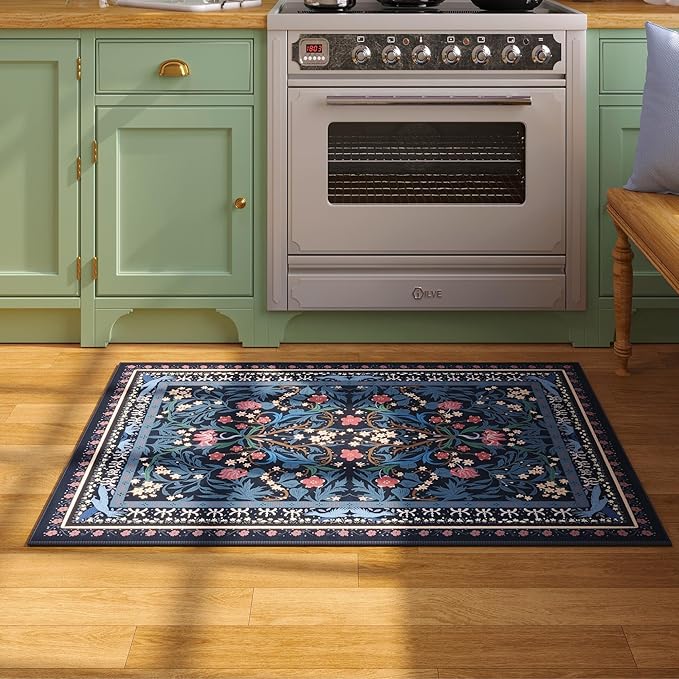 Door Mat Indoor Entrance 2x3 Rug Machine Washable Vintage Floral Botanical Small Area Rug Non-Slip Low Pile Throw Rugs for Entryway, Kitchen, Front Door Entrance, Entry, Kids Room, Blue-CubbioJoy