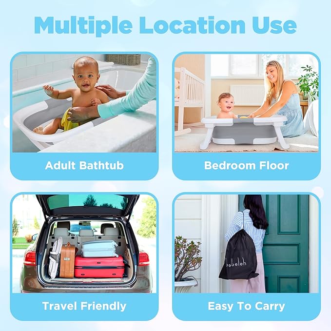 BEBELEH™ Collapsible Baby Bathtub – Bathtub + Baby tub Sling + Newborn Sling – Baby Bathtub Newborn to Toddler 0-24 Months – The Ultimate Travel Baby Bath Tub and Everyday Use! (Gray)-CubbioJoy