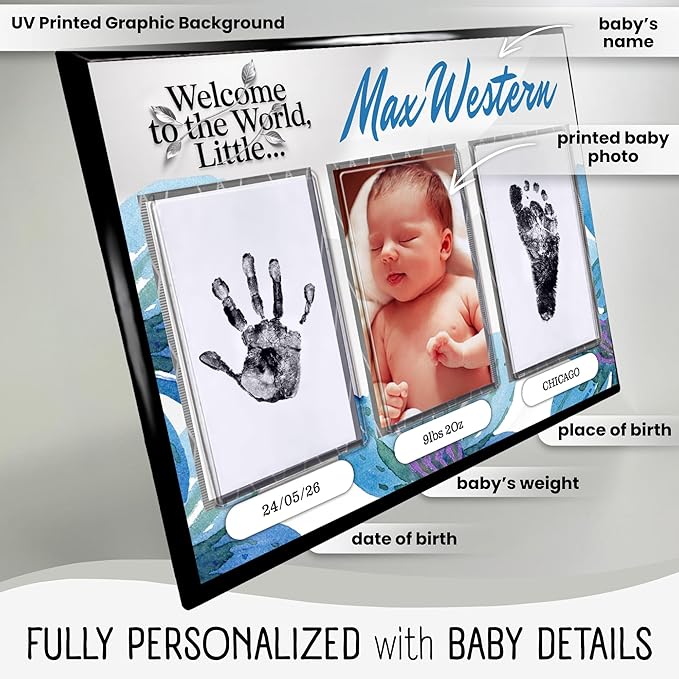 Baby Hand and Footprint Kit with Photo & Birth Details, Inkless Hand and Footprint Kit, Newborn Keepsake Plaque, Baby Shower Gifts (STYLE 1 (Fully Personalized) (Welcome To The World - Baby Boy))-CubbioJoy