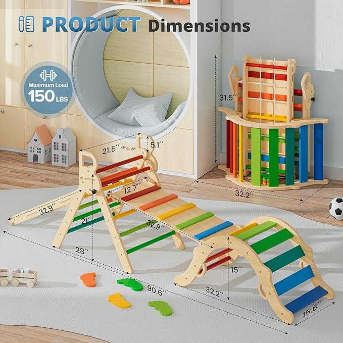 BlueWood 10-in-1 Pikler Triangle Set, Toddler Climbing Toys Indoor, Montessori Climber, Baby Jungle Gyms with Arch, Extra Rope Ladder & Footprint Balance Beam - Neon Aurora-CubbioJoy