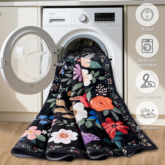 Area Rugs 9x12 Living Room: Floral Washable Rug Vintage Large Soft Boho Non-Slip Carpet Indoor Floor Stain Resistant Low Pile Carpets for Bedroom Dining Room Farmhouse Nursery Home Office Black-CubbioJoy