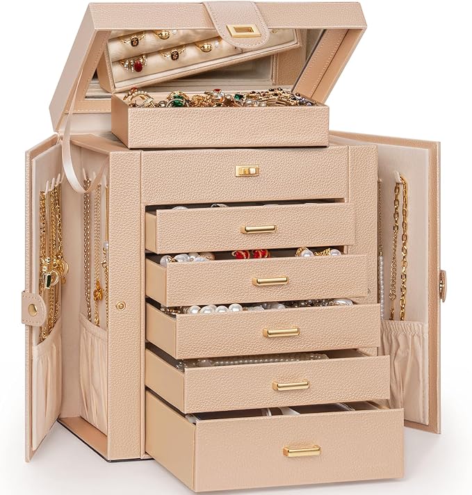 AKOZLIN 6-Tier Jewelry Box Organizer Functional 5 Drawers Leather Jewelry Storage Case for Women Girls Ring Necklace Earring Bracelet Holder Organizer with Mirror Champagne-CubbioJoy