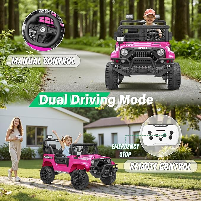 2 Seater Ride On Car Truck with Remote Control XL, Kids 24V Battery Powered Electric Vihicle w/21 in Seat, 3 Speeds, 2WD/4WD Switichable, Shock Absorbers,Bluetooth, Flower, Gift Choice-CubbioJoy