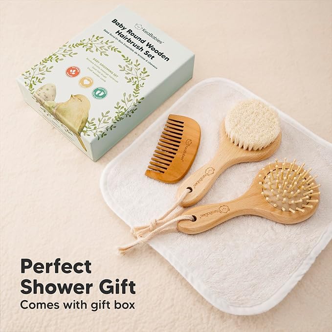 Baby Hair Brush and Comb Set for Newborn - Wooden Baby Hair Brush Set with Soft Goat Bristle, Baby Brush Set for Newborns, Baby Brush and Comb Set Girl, Boy, Toddler Cradle Cap Brush (Round, Walnut)-CubbioJoy