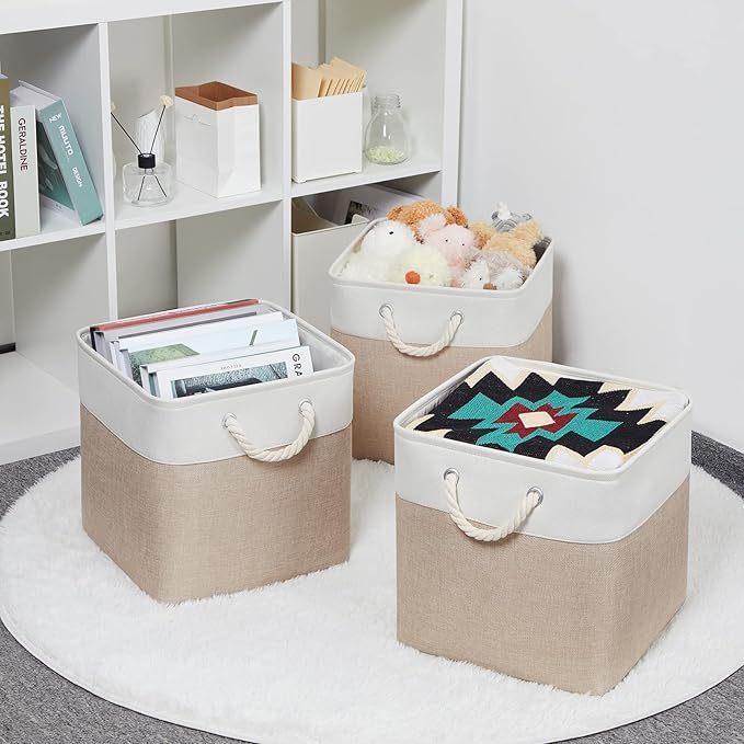 Bidtakay Fabric Storage Baskets for Organizing Beige 13 Inch Collapsible Square Baskets 3 Pack Organization Bins Large Cube Storage Bins Closet Baskets for Shelves Clothes-CubbioJoy