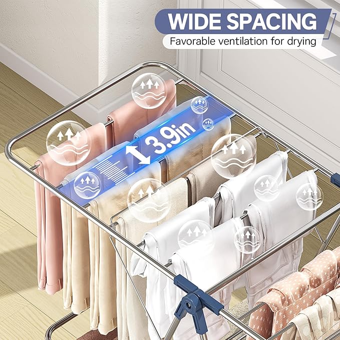 APEXCHASER Clothes Drying Rack with 4 Wings, Stainless Steel Drying Rack Clothing with Height-Adjustable, Foldable Gullwings Laundry Drying Rack, Indoor Outdoor Use, No Assembly, Blue-CubbioJoy