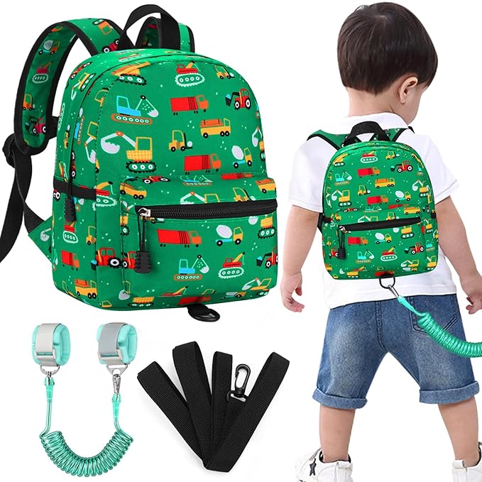 Accmor Toddler Backpack with Leash, Cute Baby Backpack with Anti Lost Wrist Link, Mini Kids Backpack Leash Walking Harness for Travel, Small Excavator Backpack Tether for Boys Girls Ages 1-3 (Green)-CubbioJoy