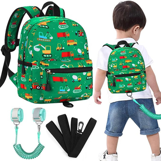 Accmor Toddler Backpack with Leash, Cute Baby Backpack with Anti Lost Wrist Link, Mini Kids Backpack Leash Walking Harness for Travel, Small Excavator Backpack Tether for Boys Girls Ages 1-3 (Green)-CubbioJoy