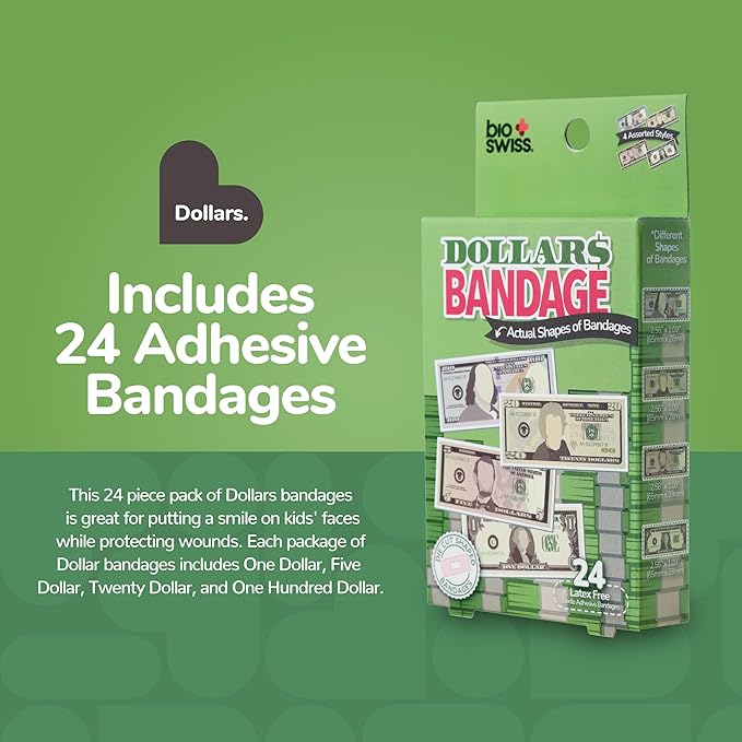 BioSwiss Bandages, Money Shaped Self Adhesive Bandage, Latex Free Sterile Wound Care, Fun First Aid Kit Supplies for Kids, 24 Count-CubbioJoy