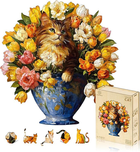 Jigfoxy Wooden Puzzles for Adults, The Vase Cat Wood Puzzles Adult, Unique Animal Shape Wooden Jigsaw Puzzles for Adults, Birthday Gifts for Puzzle Lovers, Family, Friend (S-7.4 * 7.7in-86pcs)-CubbioJoy