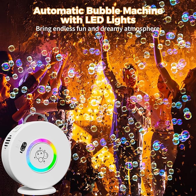 Bubble Machine Automatic LED Lights Bubble Blower for Kids Rechargeable Portable Bubble Maker Auto Rotating 90°/360° Outdoor Birthday Party Wedding (Led White)-CubbioJoy