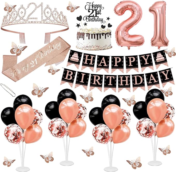 21st Birthday Decorations for Girls Women - 56pcs Rose Gold Happy 21st Banner, 21st Birthday Crown Sash, Cake Topper, Number 21 balloons, 3D Butterflies, 4 Balloon Stands kits-CubbioJoy