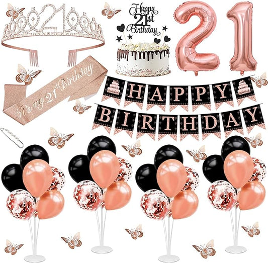 21st Birthday Decorations for Girls Women - 56pcs Rose Gold Happy 21st Banner, 21st Birthday Crown Sash, Cake Topper, Number 21 balloons, 3D Butterflies, 4 Balloon Stands kits-CubbioJoy
