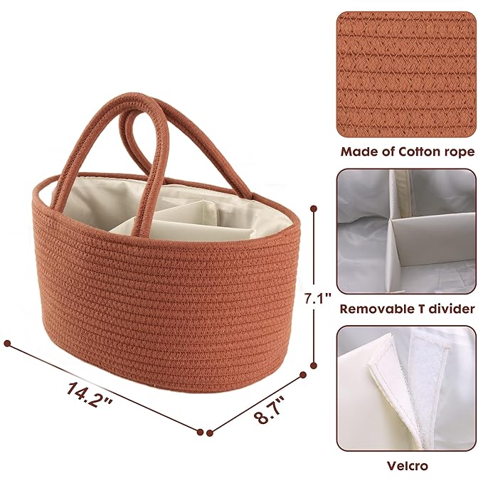 Baby Diaper Caddy Organizer for Girl Boy Cotton Rope Nursery Storage Bin Basket Portable Holder Tote Bag for Changing Table Car Travel Baby Shower Gifts Newborn Essentials Registry Must Have Rust-CubbioJoy
