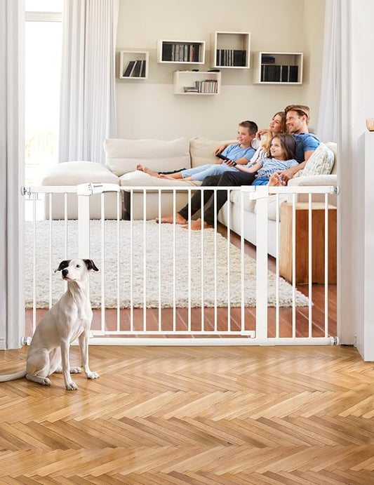 BABELIO 36-57" Extra Wide Baby/Dog Gate, Auto Close with Large Walk Thru Door,Safety for Pet, House, Stairs and Doorways, Pressure Mounted for Chlid, White-CubbioJoy