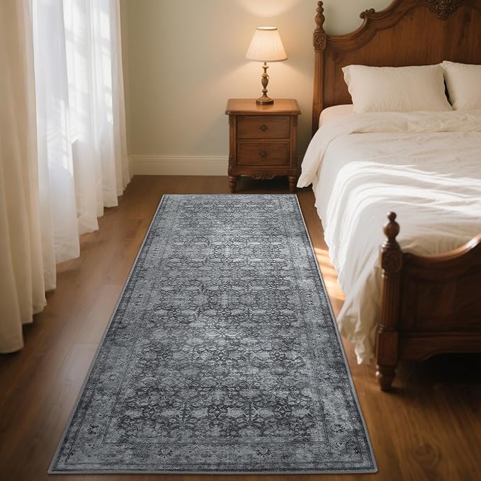 2'6"x8' Washable Runner Rug for Hallway, Non Slip Vintage Floral Long Carpet Runners for Entryway, Kitchen, Bathroom, Bedroom, Low Pile Laundry Rugs with Rubber Backing (Distressed Grey)-CubbioJoy
