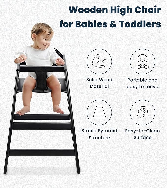 Alpine Wooden High Chairs for Babies and Toddlers with Safety Strap, Commercial Grade Restaurant High Chair, Durable Wood Space Saver Baby Feeding Chair, Ideal for Dining Spaces (2 Pack, Black)-CubbioJoy