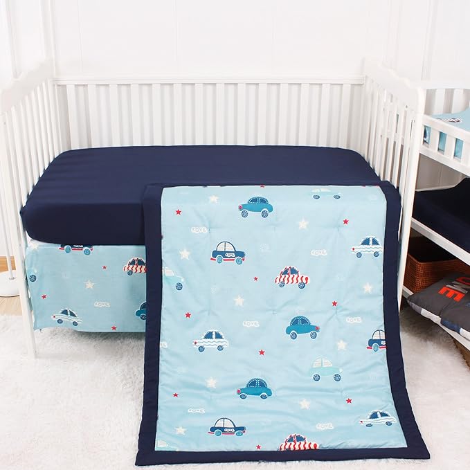 CaSaJa Baby 3-Piece Crib Bedding Set for Boys Girls, Including Soft Quilted Comforter(Blanket), Fitted Crib Sheet and Skirt, Soft Nursery Bedding Set Made of Silky Comfy Materials, Love Cars-CubbioJoy