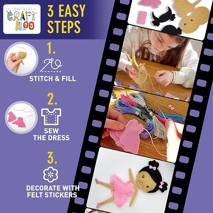 CRAFTILOO Ballerina Dancers Sewing Kit for Kids, Fun and Educational Craft Set for Boys and Girls Age 5-12, Sew Your Own Felt Ballerina Craft Kit for Beginners (Ballerina Kit)-CubbioJoy
