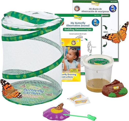 Insect Lore Butterfly Garden with Live Cup of Caterpillars | English and Spanish STEM Activity Journals | 5 Painted Lady Butterfly Baby Caterpillars and Mesh Habitat-CubbioJoy