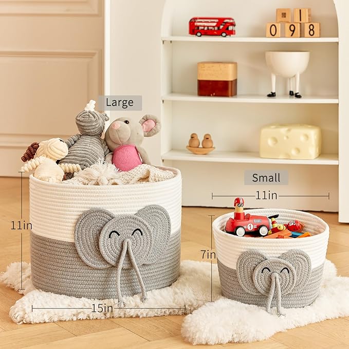 Adorable Small Elephant Cotton Rope Basket - Gift Empty Baskets - Toy Storage Basket, Woven Basket for Baby Essentials, Decorative Woven Basket for Nurseries and Playrooms (11"x7")-CubbioJoy