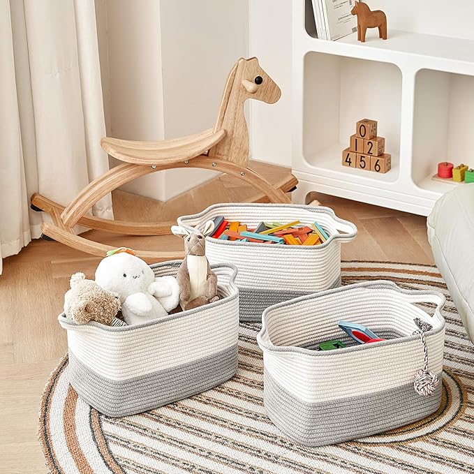 Cotton Rope Storage Basket Set of 3 (15"x10.2"x9.1") - Rectangle Storage Bins - Versatile Toy Storage Organizer - Perfect for Kids, Dog Toys, Books, Shelves - White & Grey-CubbioJoy