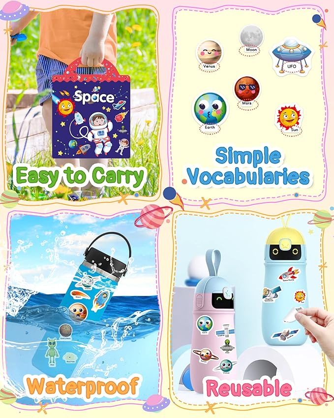 Benresive Reusable Sticker Book for Toddlers 2-4 Years, Fun Travel Stickers for Kids, Waterproof Sticker Books for Toddlers 1-3, Crafts Activities for Todddlers 1-3 2-4 3-5 - Space-CubbioJoy