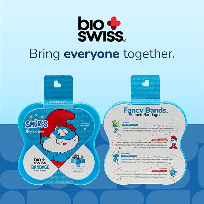 BioSwiss Bandages, The Smurfs Classic Shaped Self Adhesive Bandage, Latex Free Sterile Wound Care, Fun First Aid Kit Supplies for Kids and Adults, 50 Count Plastic Case-CubbioJoy