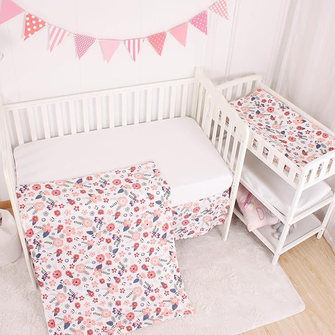 CaSaJa 4-Piece Crib Bedding Set for Boys and Girls, Nursery Baby Bedding Set Including Quilted Comforter with Fitted Crib Sheet and Changing Pad Covers, Reversible Quilt Design, Petals Flying-CubbioJoy