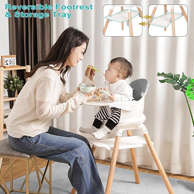 Baby High Chair, 6 in 1 Wooden Convertible High Chairs for Babies and Toddlers, Booster Seat with Double Tray & Reversible Footrest Baby Highchair, 5-Point Harness Baby Feeding Chair, Grey-CubbioJoy