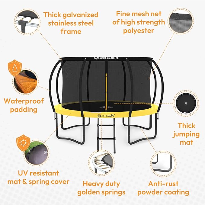 JUMPZYLLA Trampoline Outdoor 8FT 10FT 12FT 14FT 15FT 16FT with Enclosure and Ladder, ASTM Approved Recreational Trampoline for Kids and Adults, Anti-Rust Coated Frame-CubbioJoy
