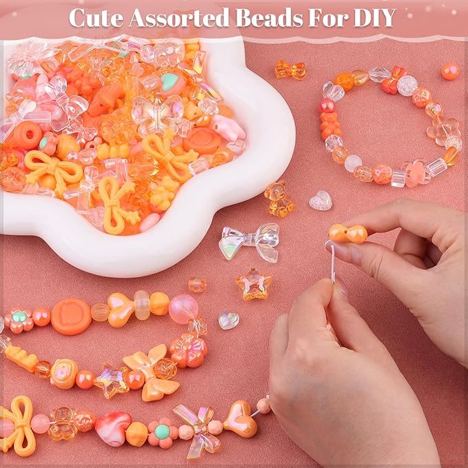 Assorted 170-230PCS Orange Acrylic Beads for Bracelet Making, Flower Bow Butterfly Candy GummyBear Aesthetic Bracelet Charms,Cute Beads for Jewelry Making DIY Necklace Keychain Phone Charm-CubbioJoy