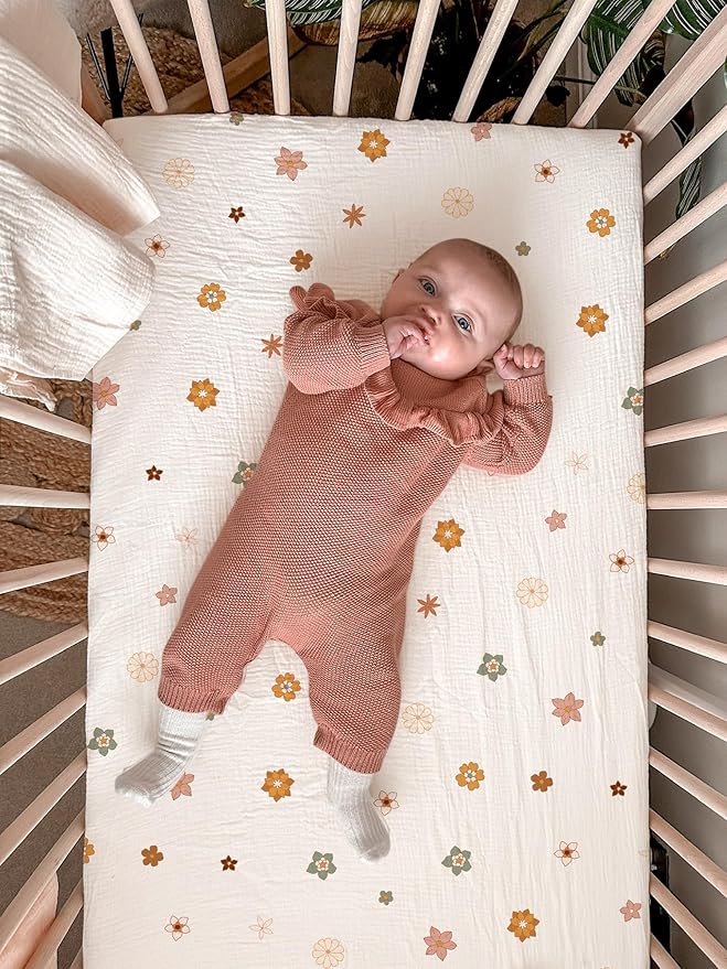 Bassinet Sheet for Baby Boy and Girl 2 Pack, Fitted Sheets for Rectangle, Oval, Hourglass Bassinet Mattress, Muslin Moses Basket Sheets with Neutral Style (Sage & Flower-B)-CubbioJoy