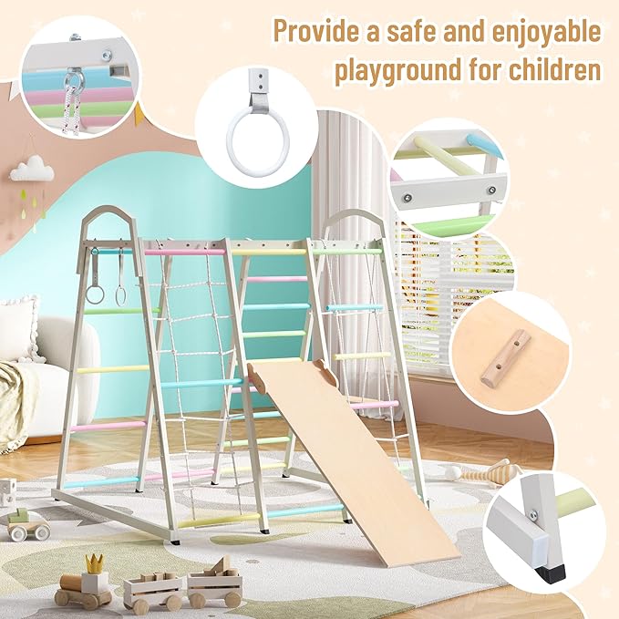 JAXPETY 9-in-1 Indoor Playground, Indoor Jungle Gym for Kids, Toddler Montessori Climbing Gym, Inside Play Gym with Slide, Swing, Monkey Bar, Ladder, Rings-CubbioJoy