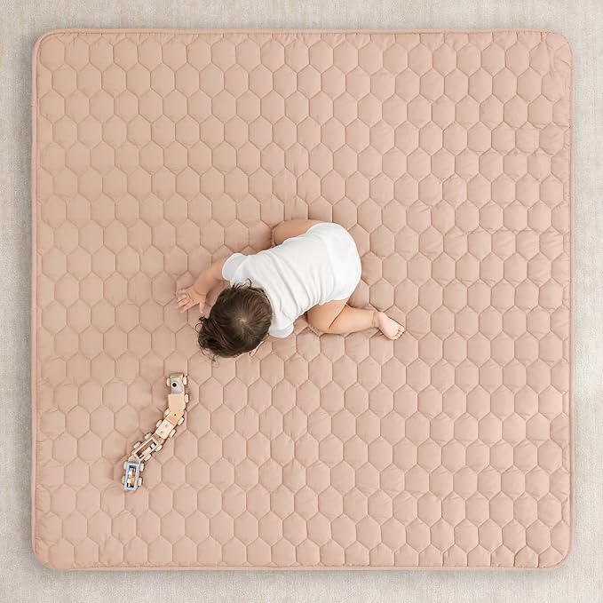 Comfy Cubs Square Kids Play Mat - 56 x 56 inches Soft Quilted Baby Floor Mat with Non-Slip Bottom - Plush Design for Toddlers' Playtime and Relaxation - Comfortable and Durable - Blush-CubbioJoy
