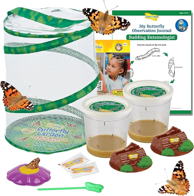 Insect Lore Butterfly Garden Kit – 10 Live Caterpillars, Habitat, STEM Journal, 2 Chrys-a-lid Holding Logs & Feeder – Grow & Release Painted Lady Butterflies – Educational Science Toy-CubbioJoy