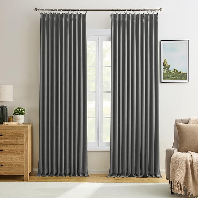 KEQIAOSUOCAI Blackout Pleated Curtains 95 Inches Long, Privacy Window Drapes for Living Room/Dining Room/Bedroom, 72 Wide x 95 Inch Long,Grey Color, Pinch Pleat with Hooks, 2 Panels-CubbioJoy
